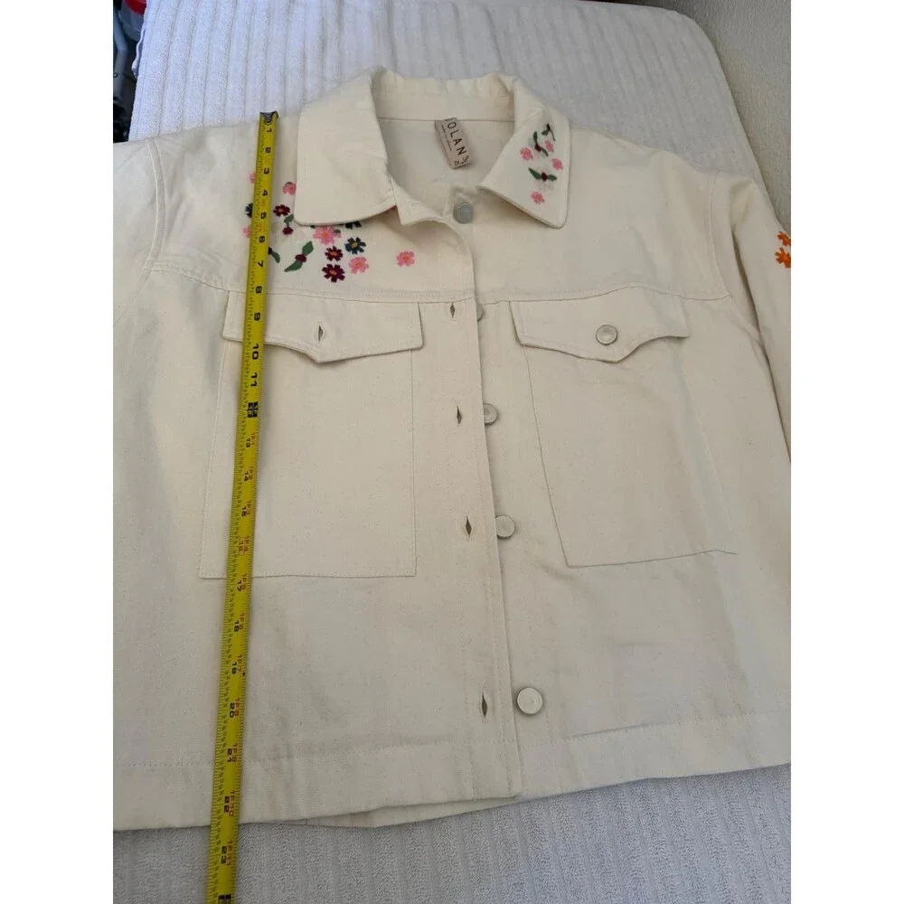 Dolan Jacket Women's XL Cream Embroidered Floral Denim Button Front Boho Rodeo